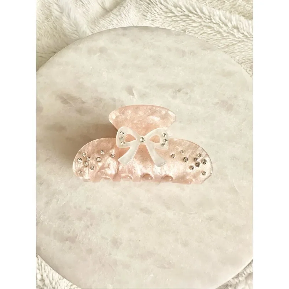 Ballet pink bow hair claw with rhinestones